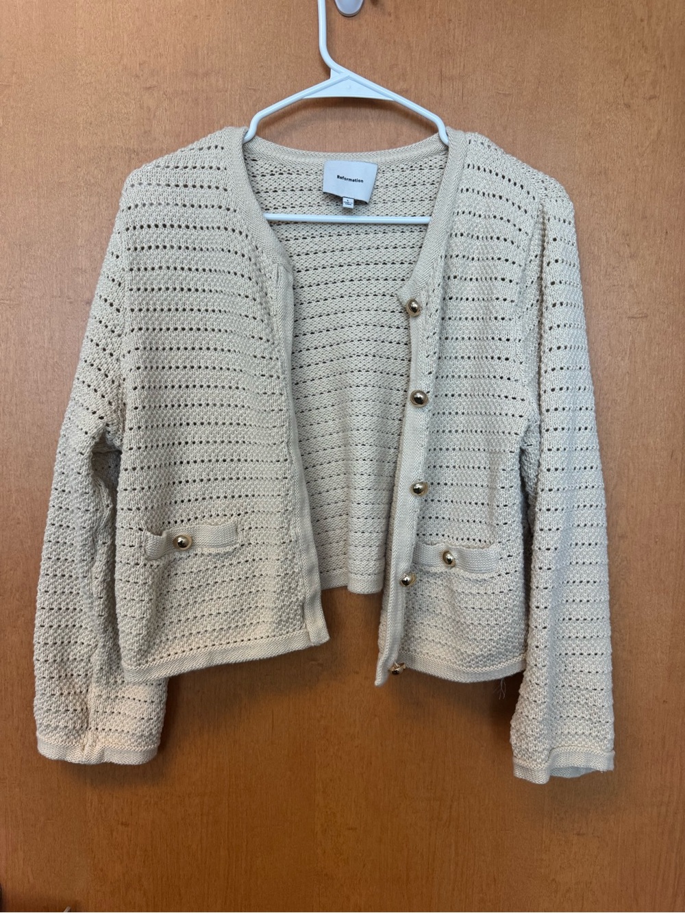 Reformation Cream Open-Knit Button Cardigan